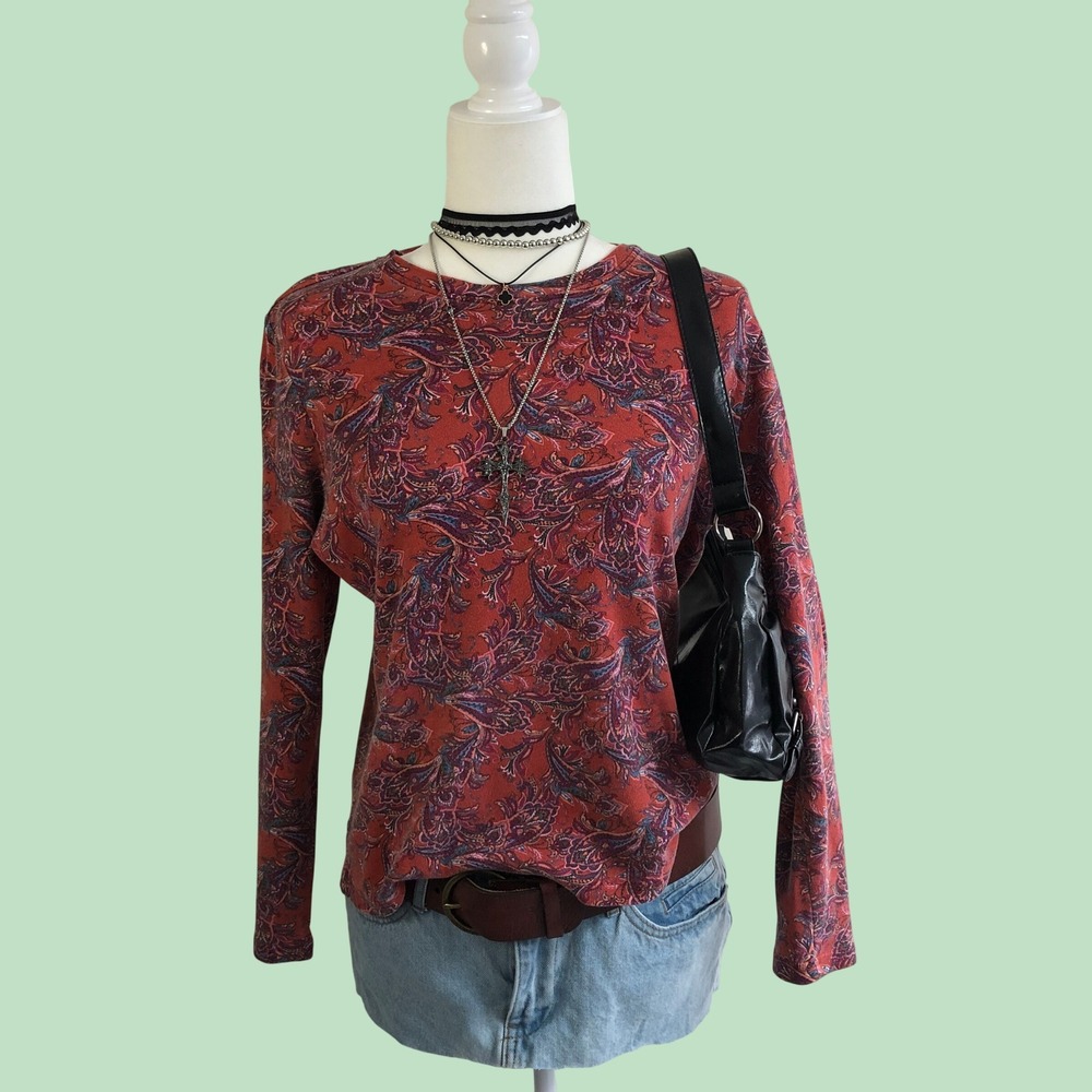 Vintage Y2K Basic Editions Paisley Long Sleeve Top Womens M Coral Red Whimsigoth